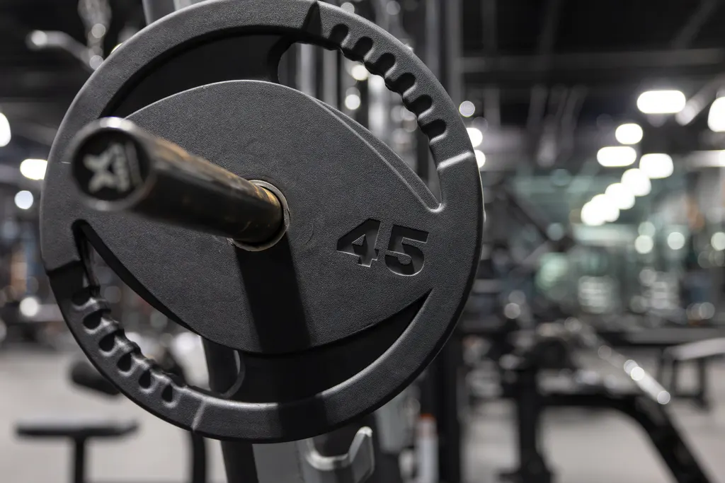 45-pound plate loaded on a barbell in the DPS weight room