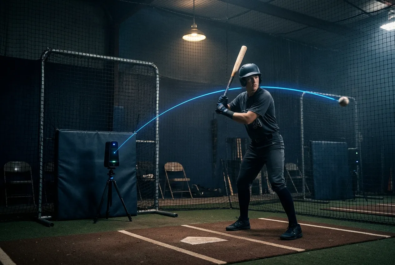 Hitter with a tracked ball-flight data trace during a cage session