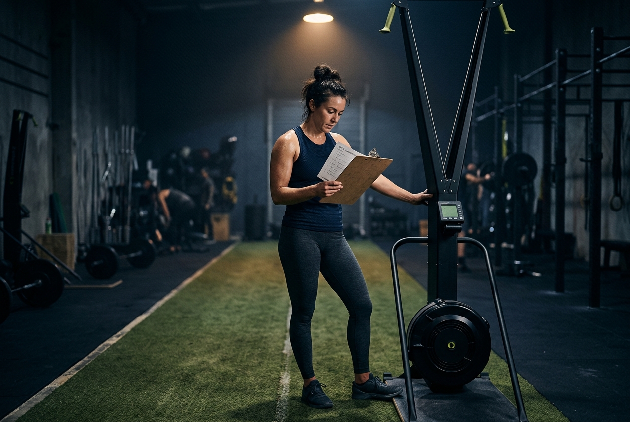 Beginner athlete reviewing a training plan beside a SkiErg in a dark performance gym