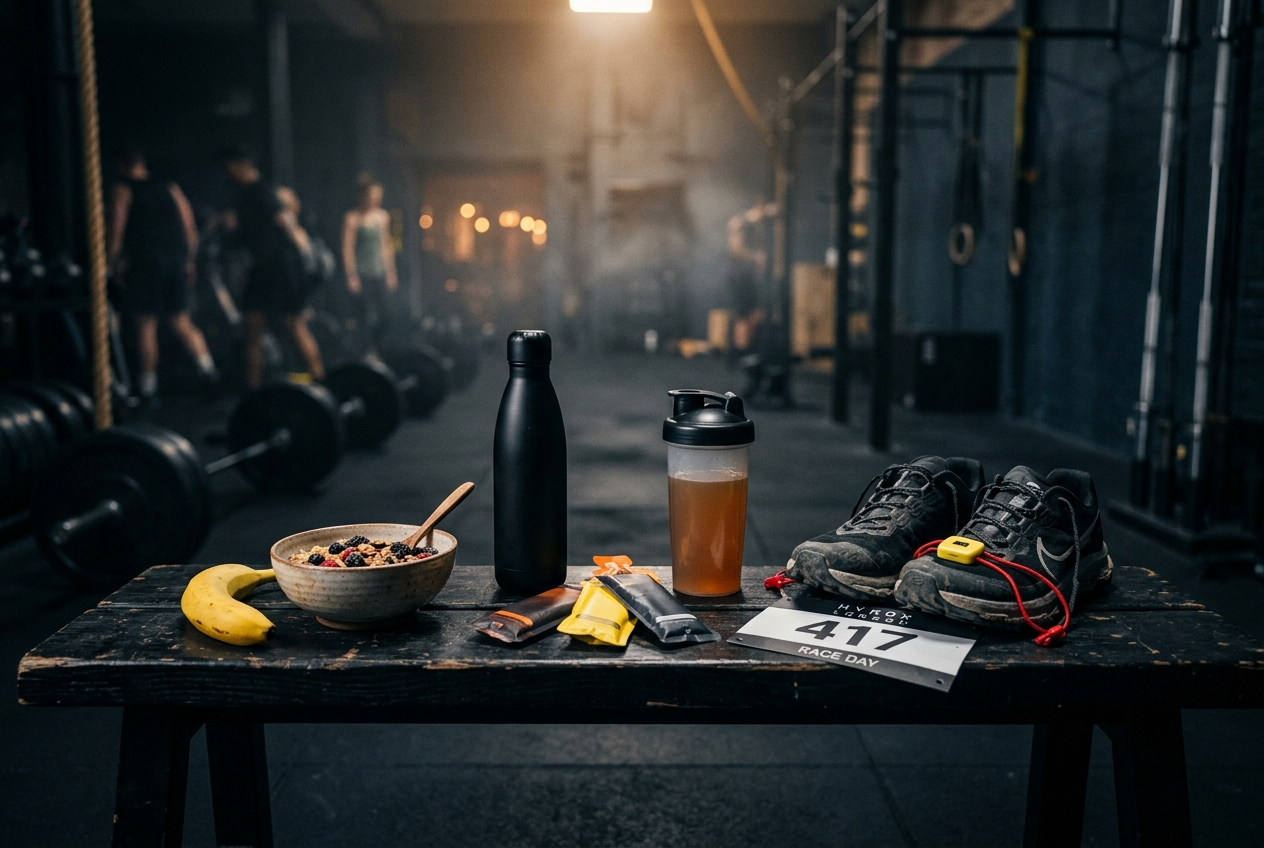 Race-day nutrition — oatmeal, banana, electrolyte drink and gels laid out on a bench in a dark gym