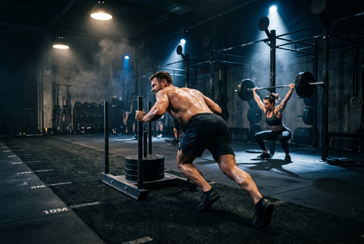 Athlete pushing a competition sled in the foreground while another athlete lifts a barbell in a dark performance gym