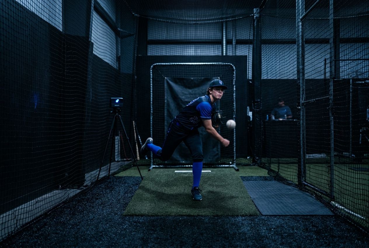 Pitcher working in the indoor pitching tunnel