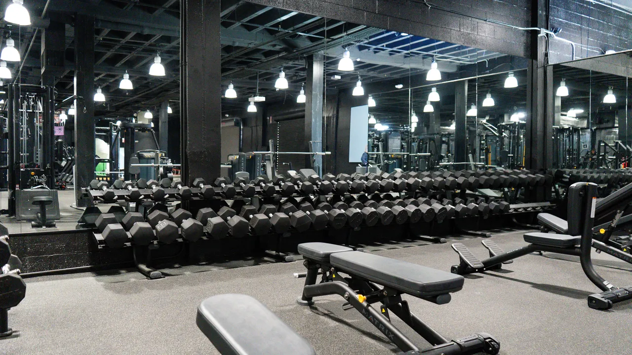 Dumbbell racks and benches on the strength floor