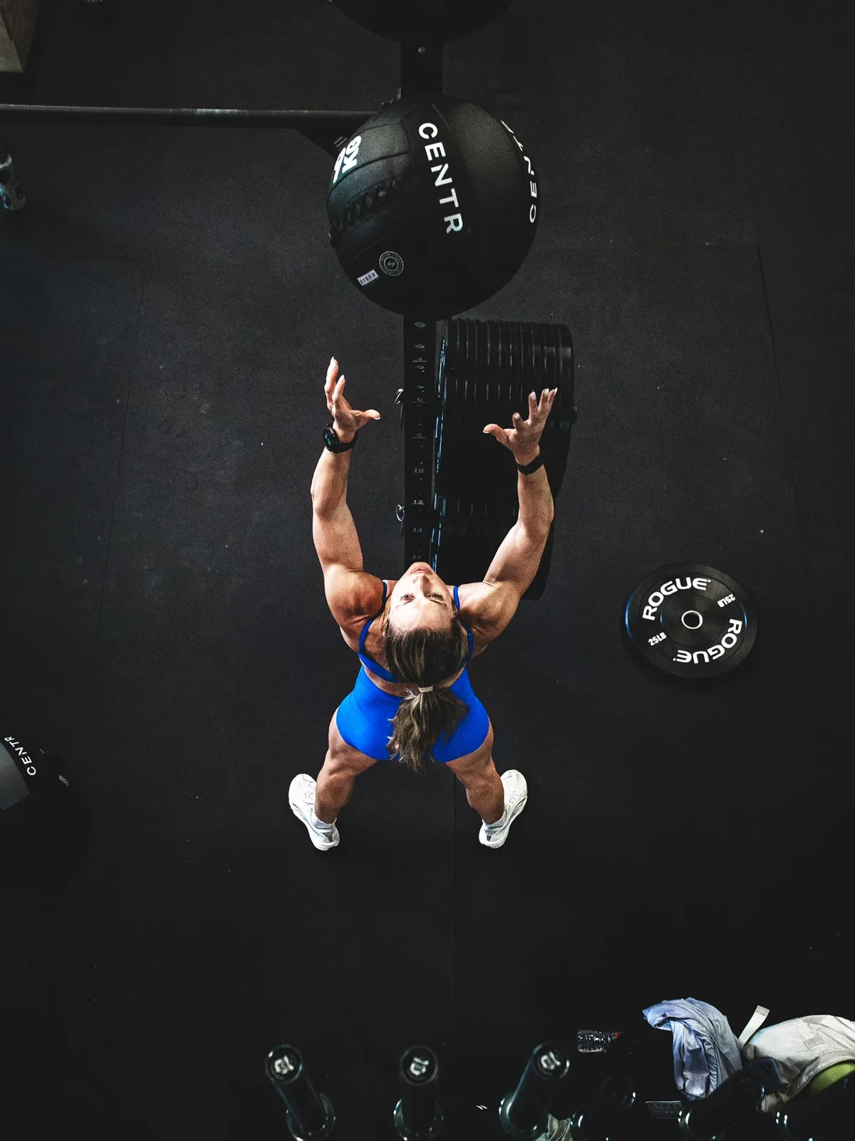 Overhead view of wall ball work during class